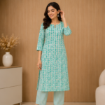 Women's Green & White Printed Kurti Set | Straight Cut Kurti with Matching Bottom | Casual & Festive Wear