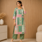 Women's Green & Pink Patchwork Print Kurti with Straight Pants | Casual & Festive Ethnic Wear - Image 3