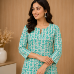 Women's Green & White Printed Kurti Set | Straight Cut Kurti with Matching Bottom | Casual & Festive Wear - Image 2