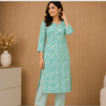 Women's Green & White Printed Kurti Set | Straight Cut Kurti with Matching Bottom | Casual & Festive Wear - Image 3