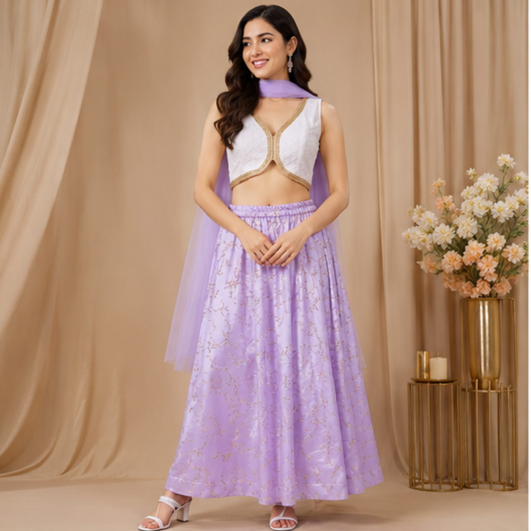 8 Lavender Embroidered Lehenga Set | Sleeveless Crop Top with Matching Flowing Skirt | Festive & Wedding Party Wear Outfit - Image 1