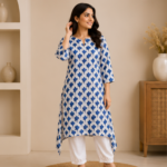 Elegant Blue Printed Kurta Set with White Pants