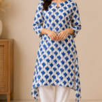 Elegant Blue Printed Kurta Set with White Pants - Image 2