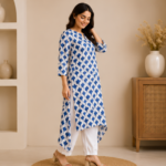 Elegant Blue Printed Kurta Set with White Pants - Image 3